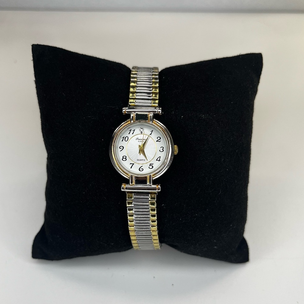 VTG Precision Gruen Watch Women Silver Gold Two Tone Stretch Band‎ New Battery